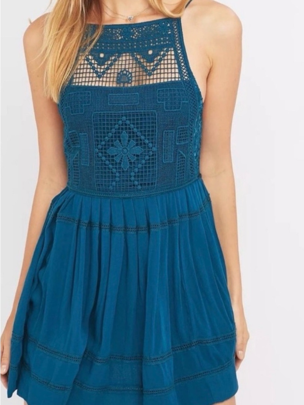 Free People Emily Crochet Mini Dress in Teal. MAKE ME AN OFFER! - Picture 3 of 5